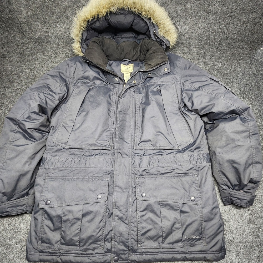LL Bean Mens VTG Goose Down Faux Fur Hooded Gray Parka Quilted Puffer Large
